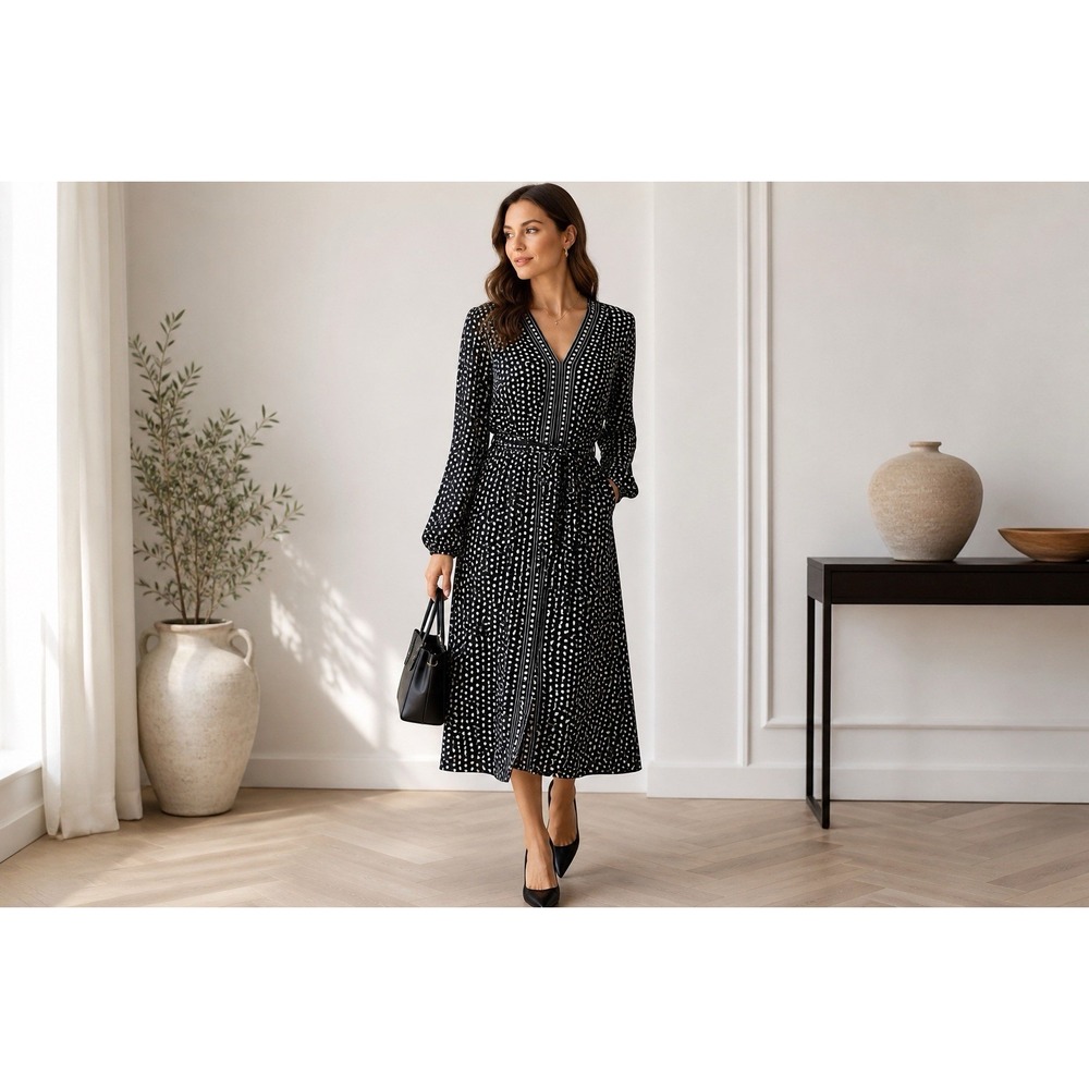 Max Studio Polka Dot Midi Dress NWOT Black White Tie Waist Long Sleeve L